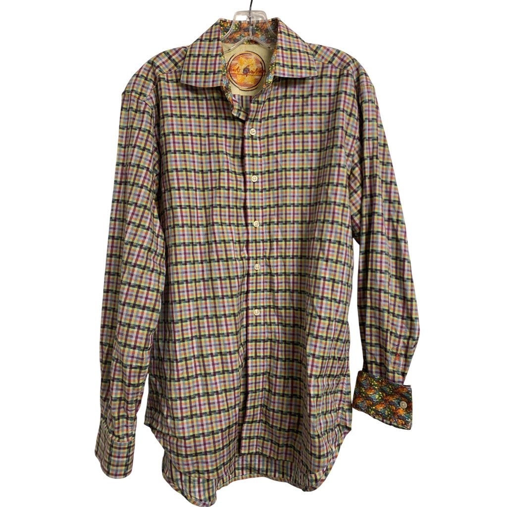 Robert Graham Plaid Cotton Silk Floral Cuff Collar Shirt Size M